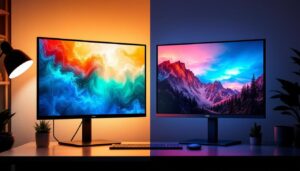 A photograph of a side-by-side comparison of an lcd and an led display