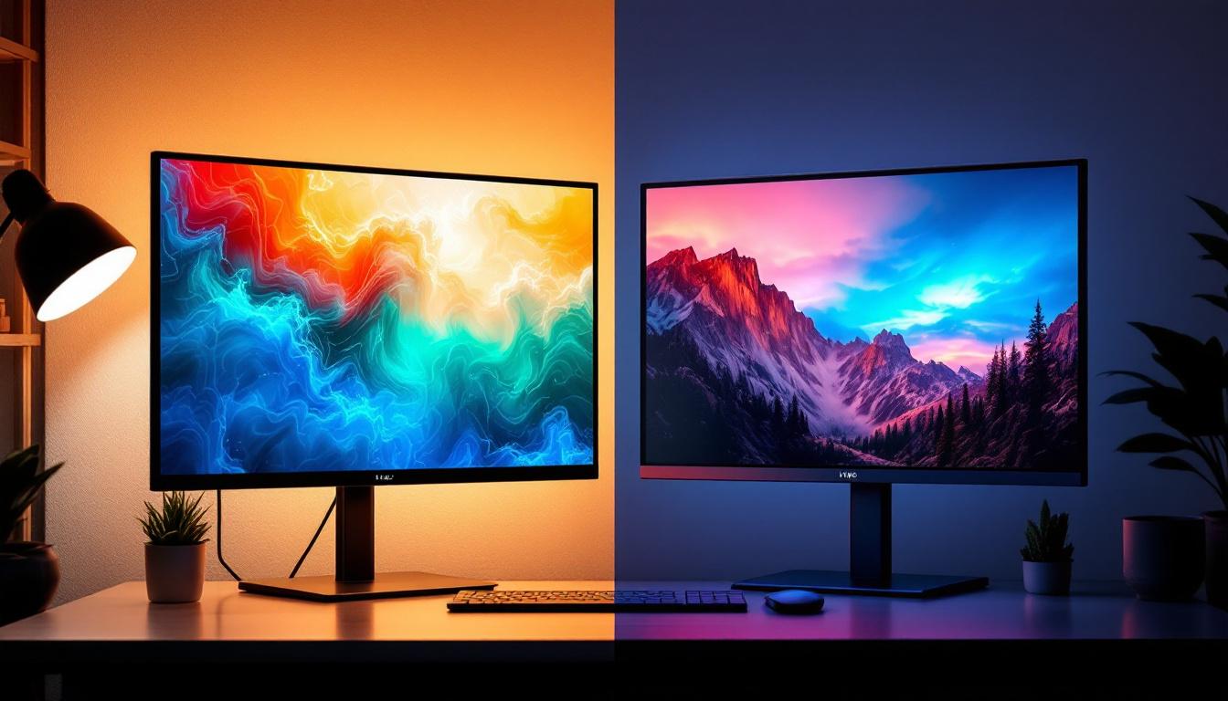 A photograph of a side-by-side comparison of an lcd and an led display