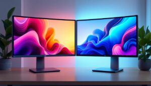 A photograph of a side-by-side comparison of an lcd monitor and an led monitor
