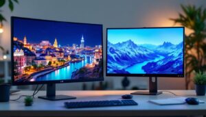 A photograph of a side-by-side comparison of an lcd monitor and an led monitor