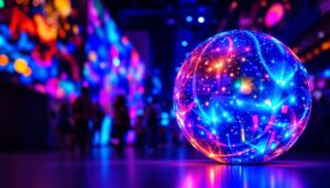 A photograph of a vibrant sphere-shaped led display in action