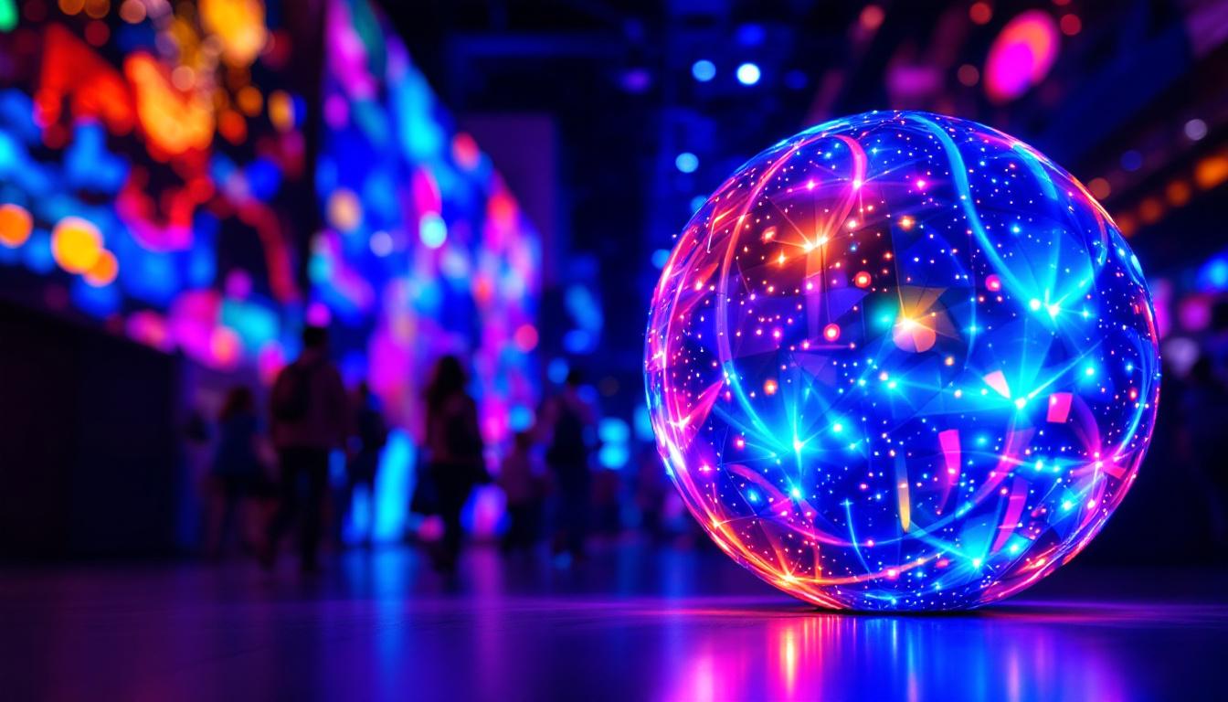 A photograph of a vibrant sphere-shaped led display in action