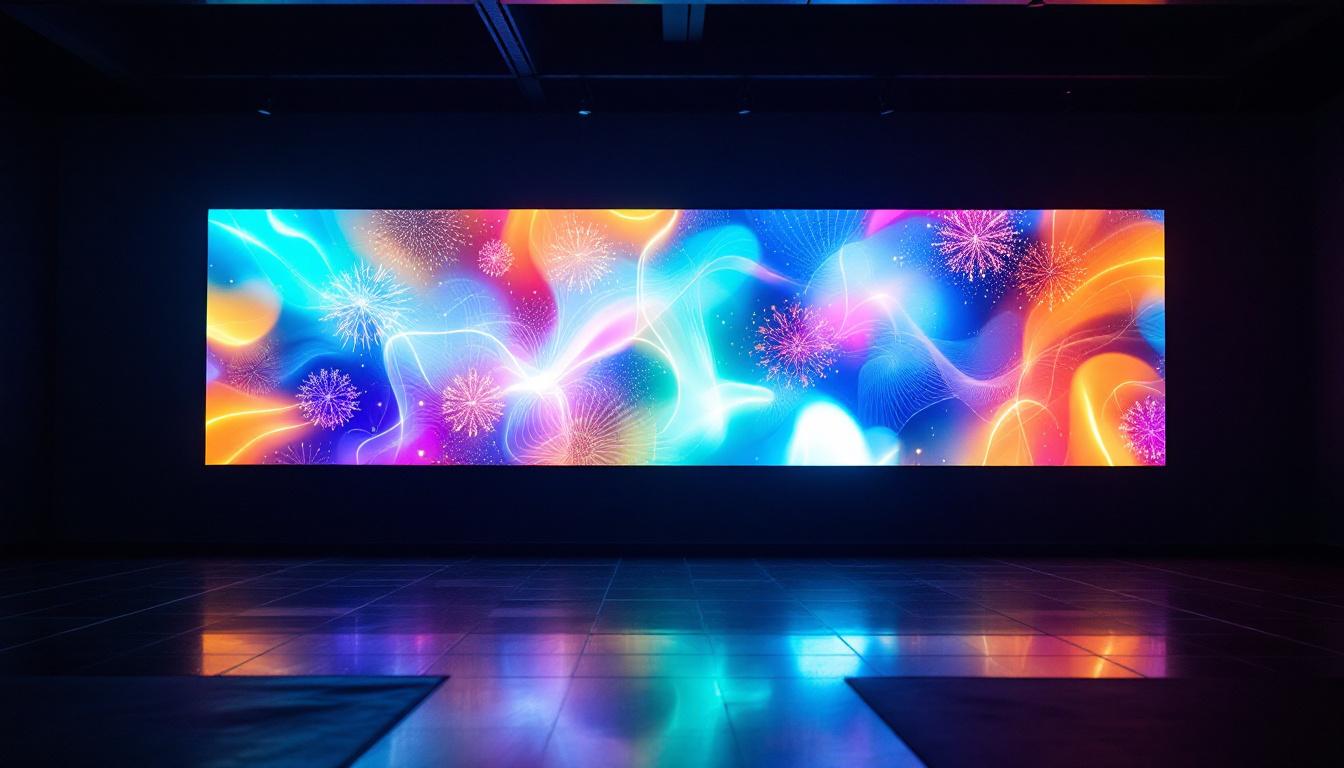 A photograph of a vibrant led display in a dimly lit environment