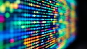 A photograph of a close-up of an led display showcasing vibrant colors and varying brightness levels