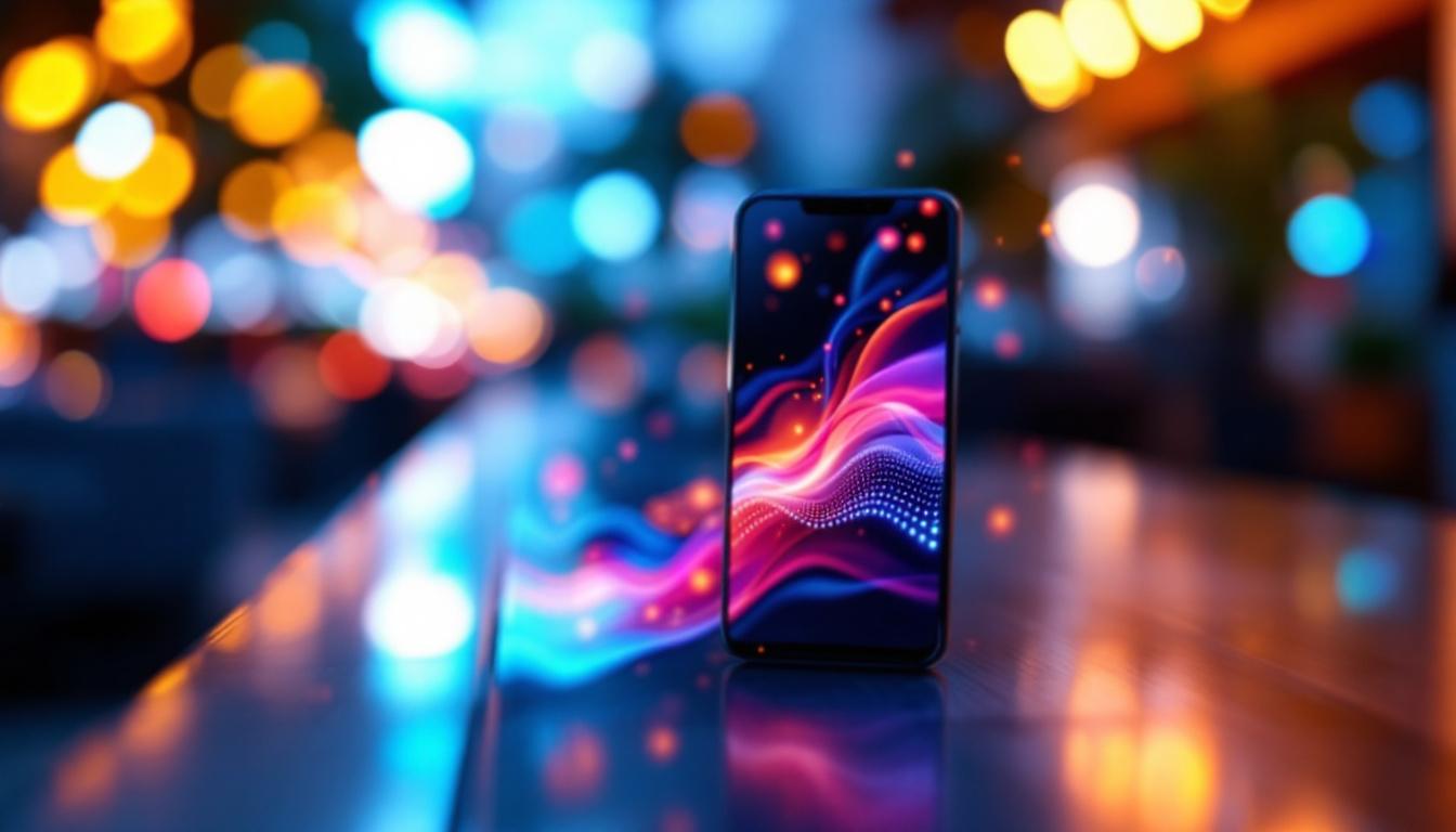 A photograph of a close-up shot of a large mobile phone displaying vibrant led graphics