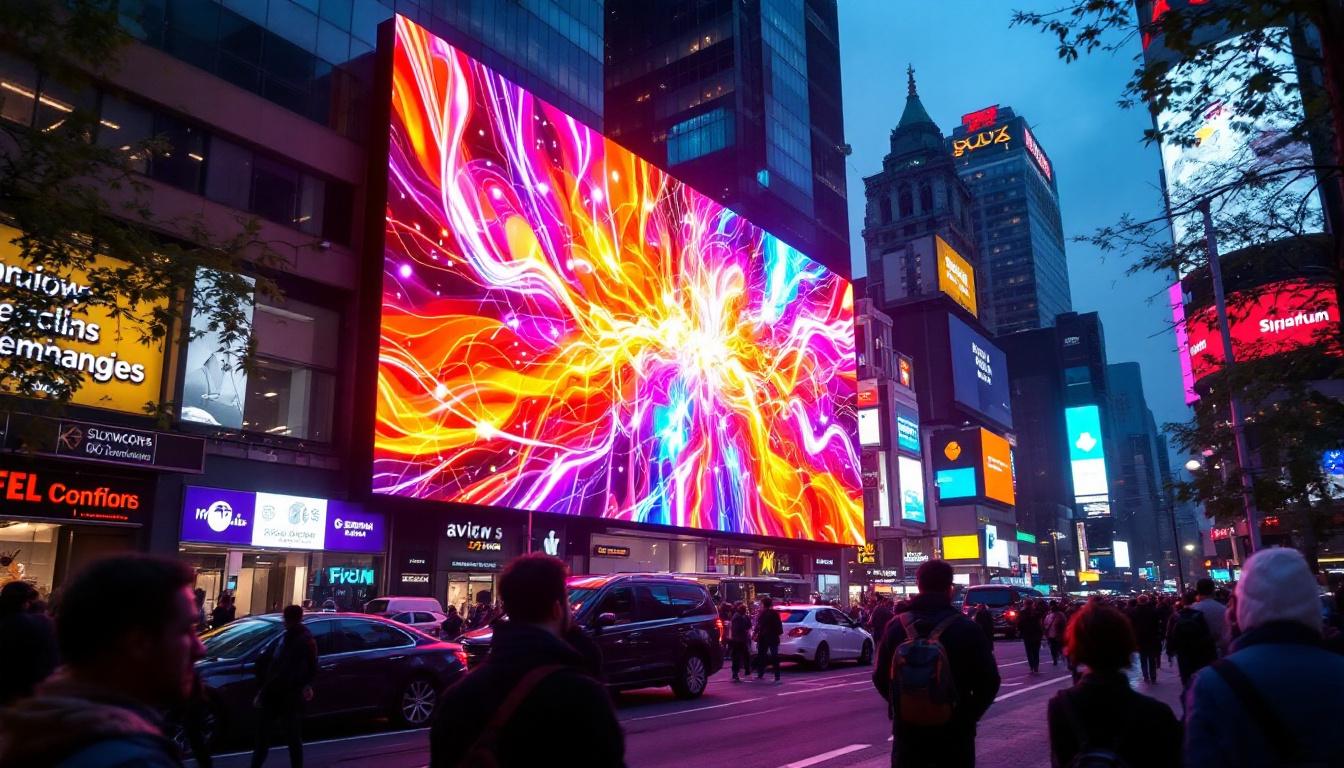A photograph of a vibrant led display in a bustling urban setting