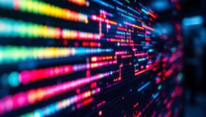 A photograph of a close-up of an led display screen in a dimly lit environment