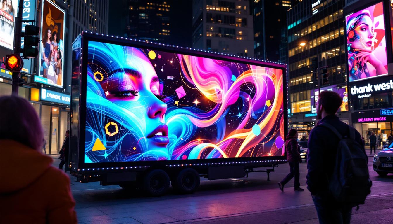 A photograph of a vibrant mobile billboard featuring an eye-catching led display in an urban setting