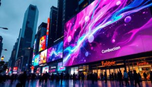 A photograph of a vibrant led jumbotron display in an urban setting