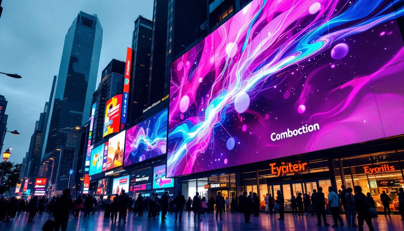 A photograph of a vibrant led jumbotron display in an urban setting