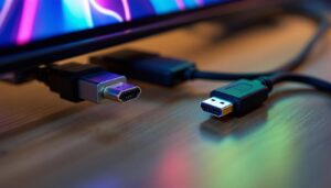A photograph of a close-up shot of a computer setup showcasing both a displayport and an hdmi cable connected to a vibrant led display