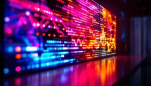 A photograph of a vibrant led display in a dimly lit environment