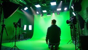 A photograph of a vibrant green screen setup in a studio environment