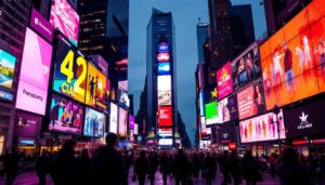 A photograph of the vibrant led displays in times square at dusk