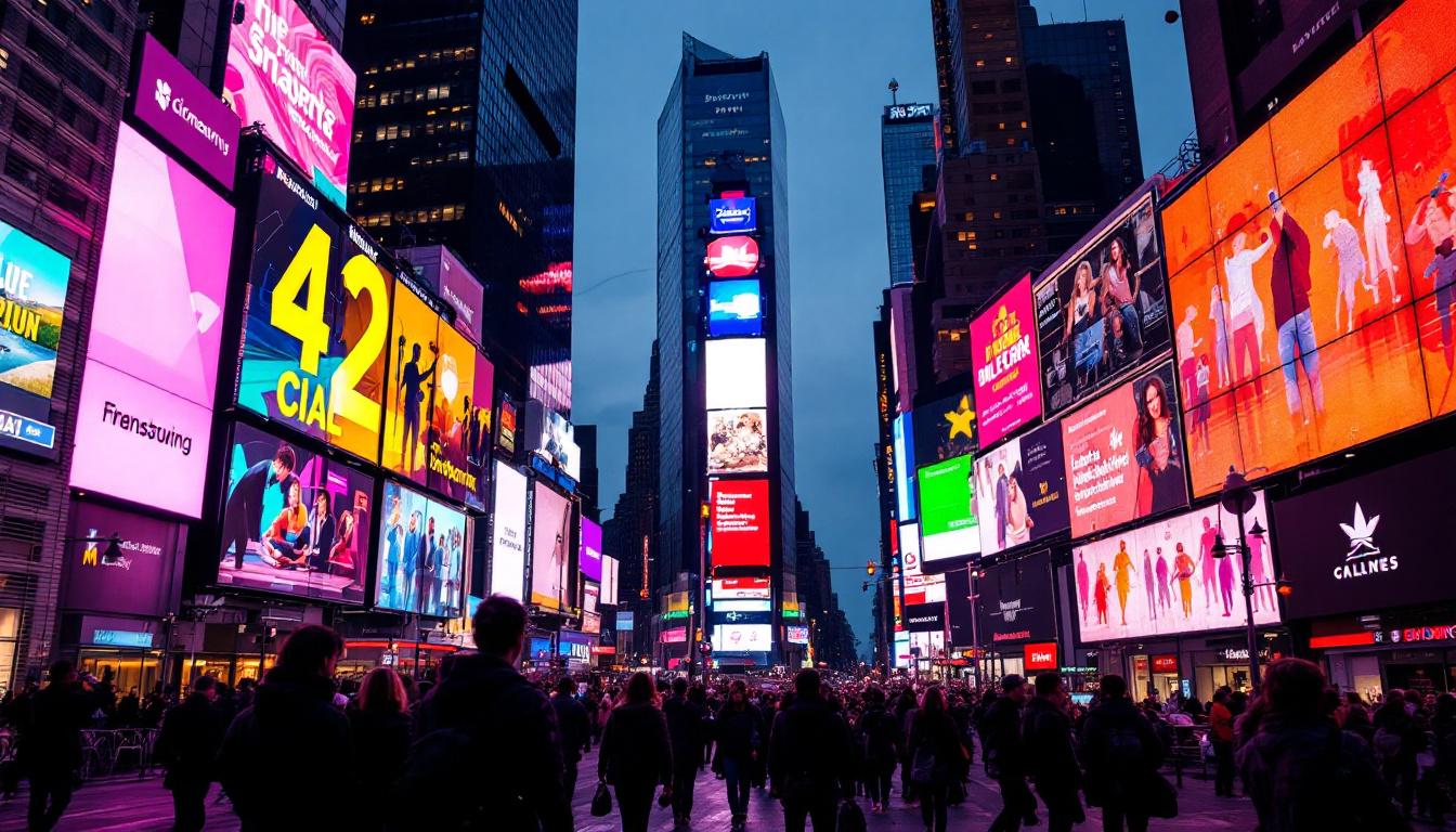 A photograph of the vibrant led displays in times square at dusk