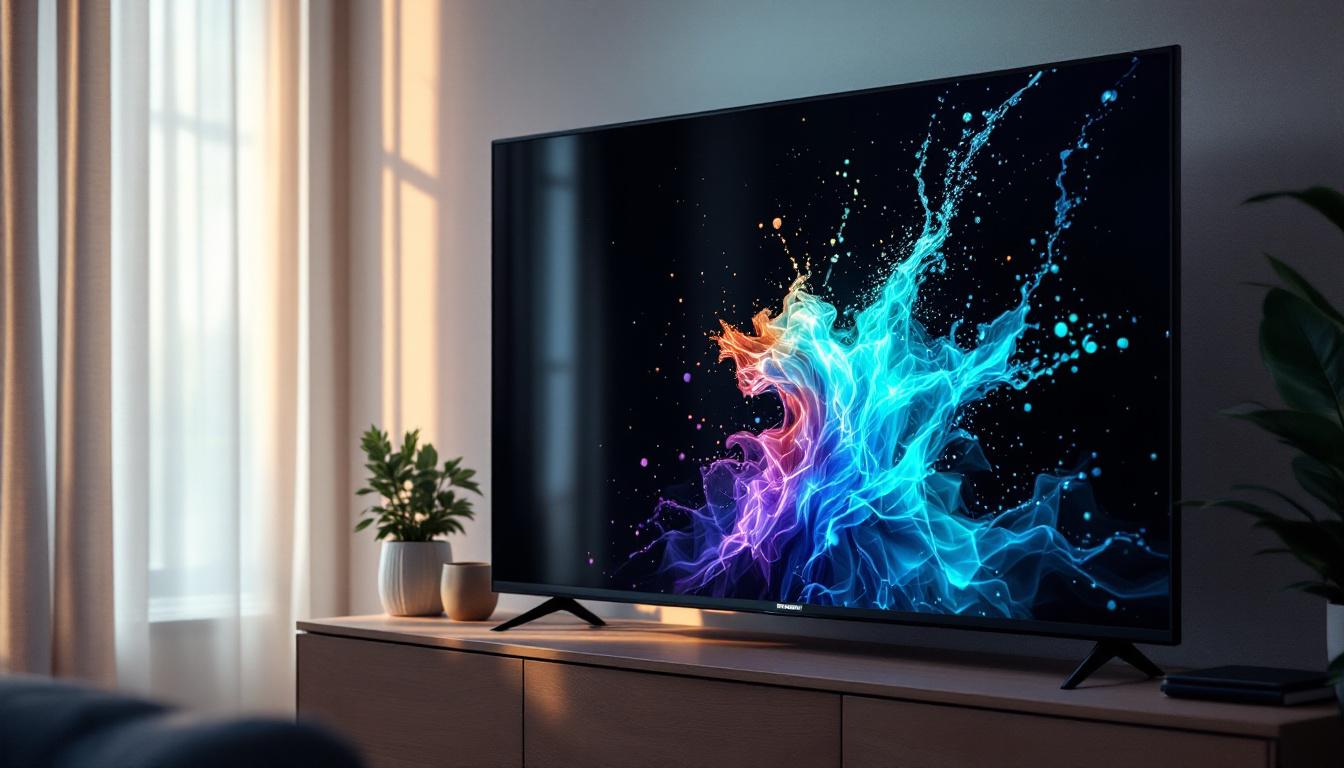 A photograph of a high-quality led tv displaying a vibrant