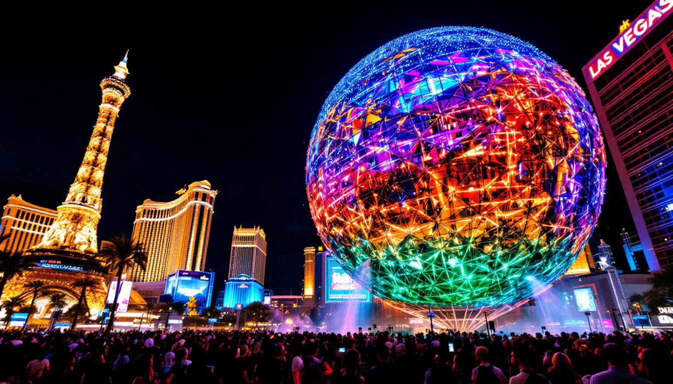 A photograph of capture a photograph of the sphere in las vegas illuminated at night