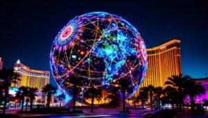 A photograph of the vegas sphere eyeball illuminated at night