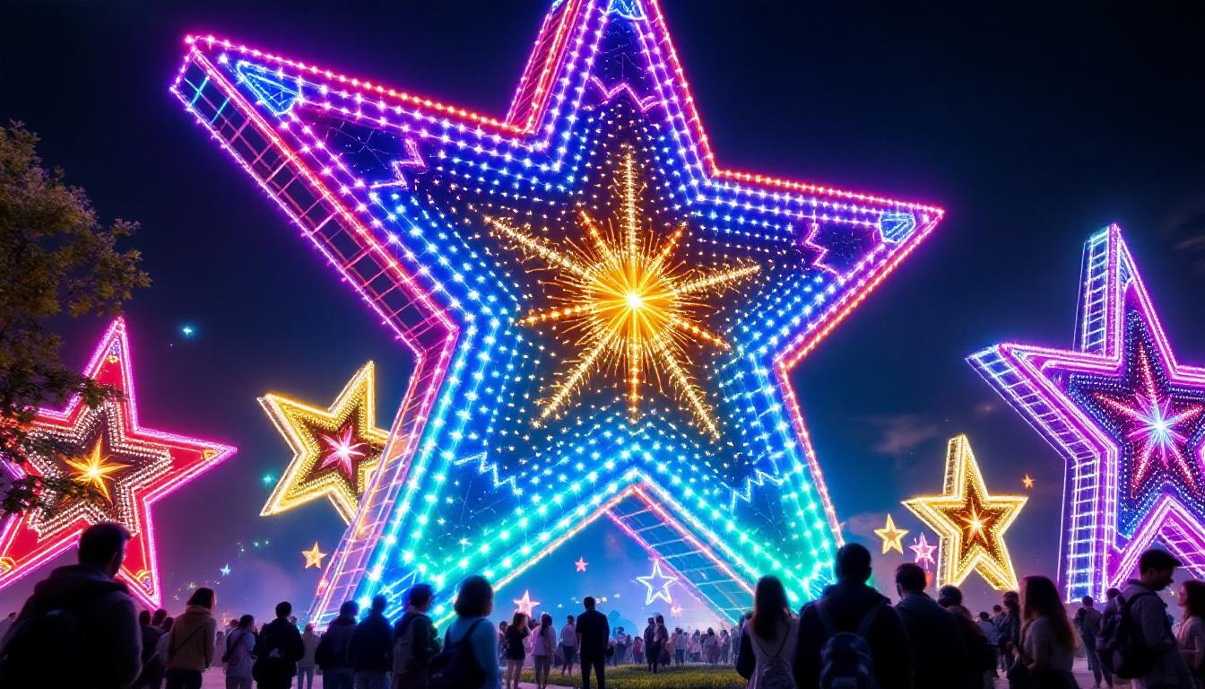A photograph of a vibrant large led star display at night