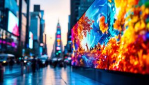 A photograph of a vibrant led display in a dynamic urban setting