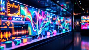 A photograph of a vibrant led display case showcasing a variety of colorful products