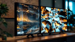 A photograph of capture a photograph of a side-by-side comparison of a cob led display and an smd led display