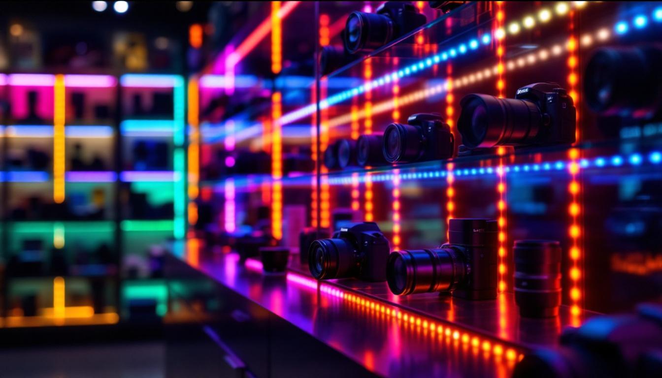 A photograph of a vibrant led display showcasing various camera models and accessories in the beaverton camera store
