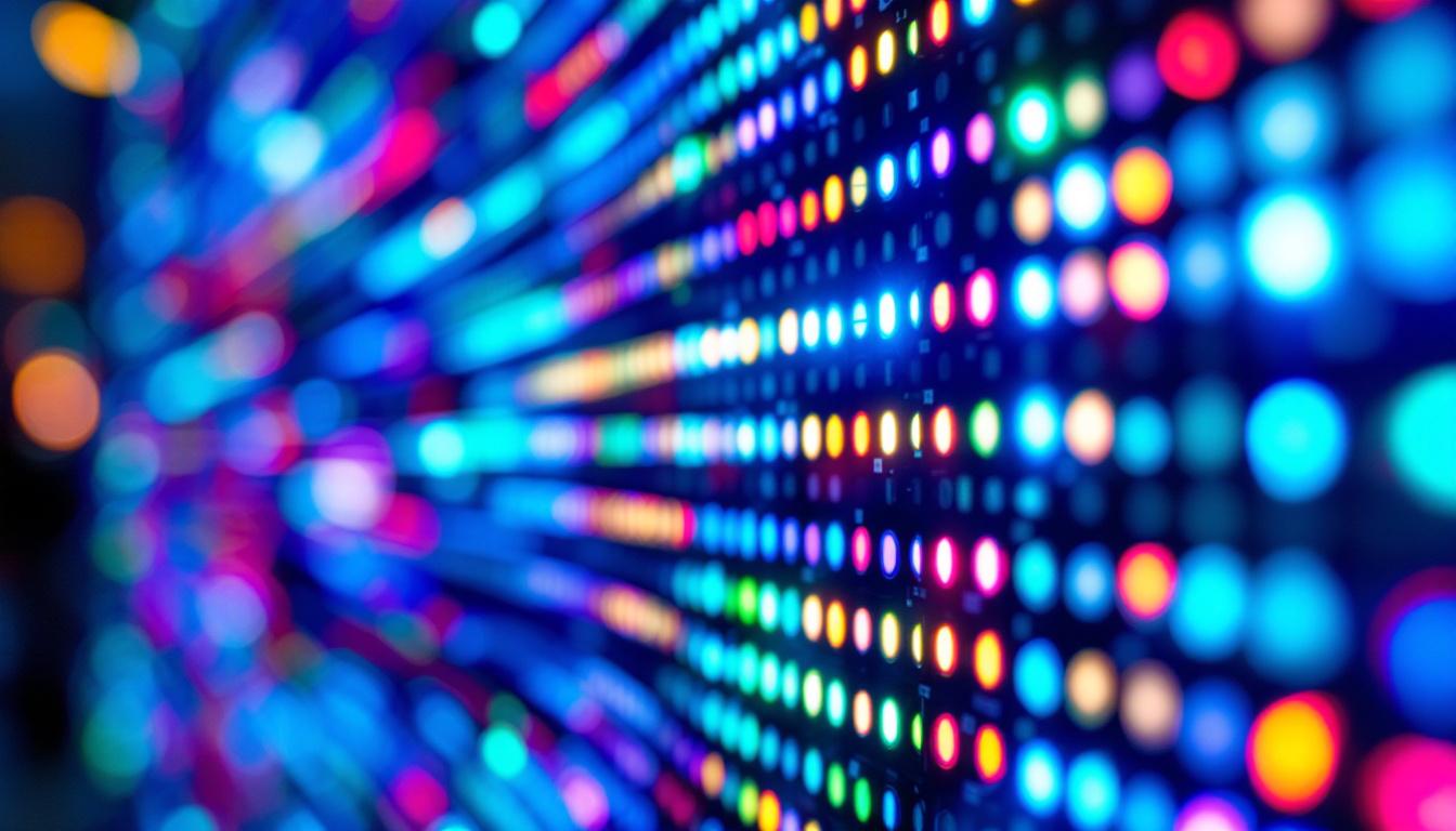 A photograph of a close-up shot of a vibrant led display illuminated by rohs-compliant led bulbs