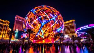 A photograph of capture a photograph of the sphere vegas illuminated at night