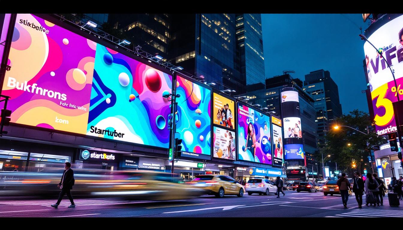 A photograph of a vibrant city street scene featuring a dynamic led billboard displaying colorful advertisements