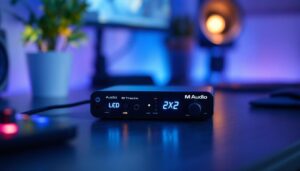 A photograph of capture a photograph of the m audio m track 2x2 audio interface in a well-lit setting
