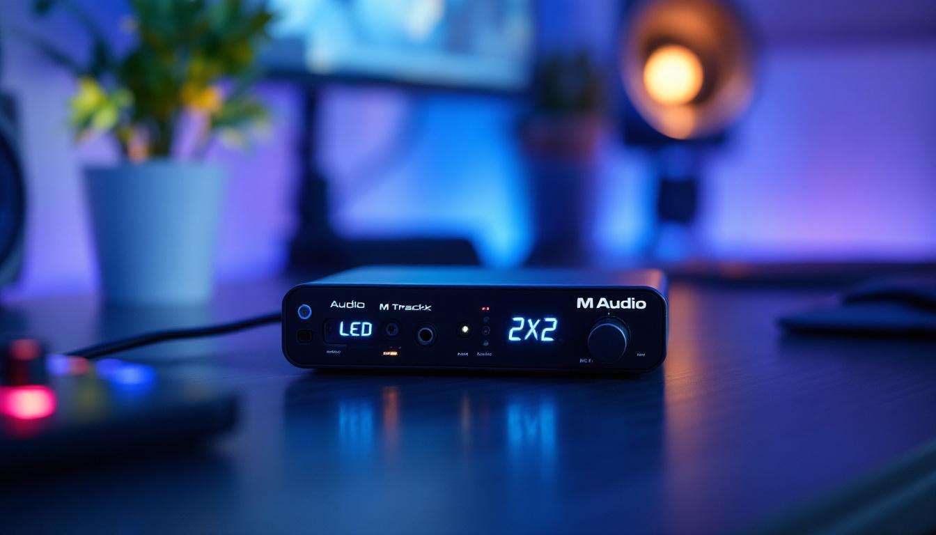 A photograph of capture a photograph of the m audio m track 2x2 audio interface in a well-lit setting