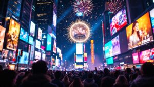 A photograph of the iconic times square ball drop at midnight