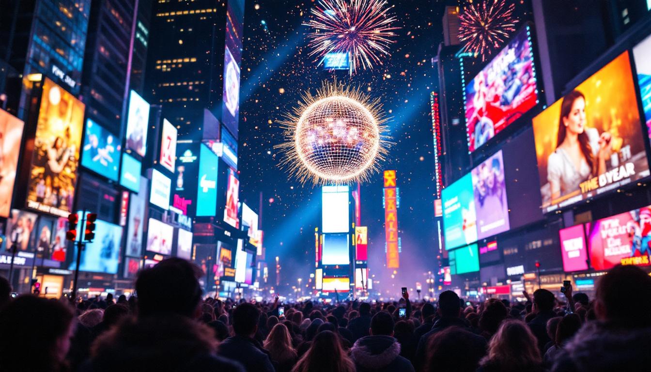 A photograph of the iconic times square ball drop at midnight