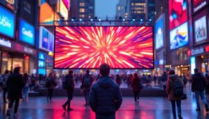 A photograph of a vibrant led display banner in a bustling urban setting