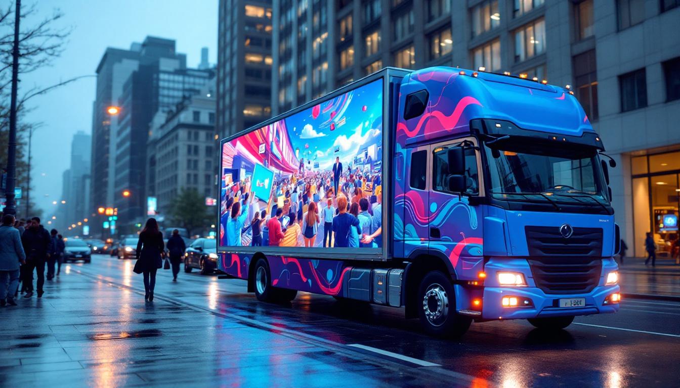 A photograph of capture a photograph of a vibrant mobile advertising truck with a large led display showcasing dynamic advertisements in an urban setting