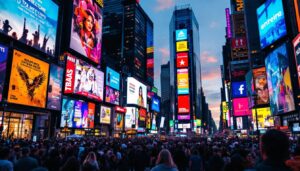 A photograph of capture a photograph of the vibrant led displays in times square at dusk