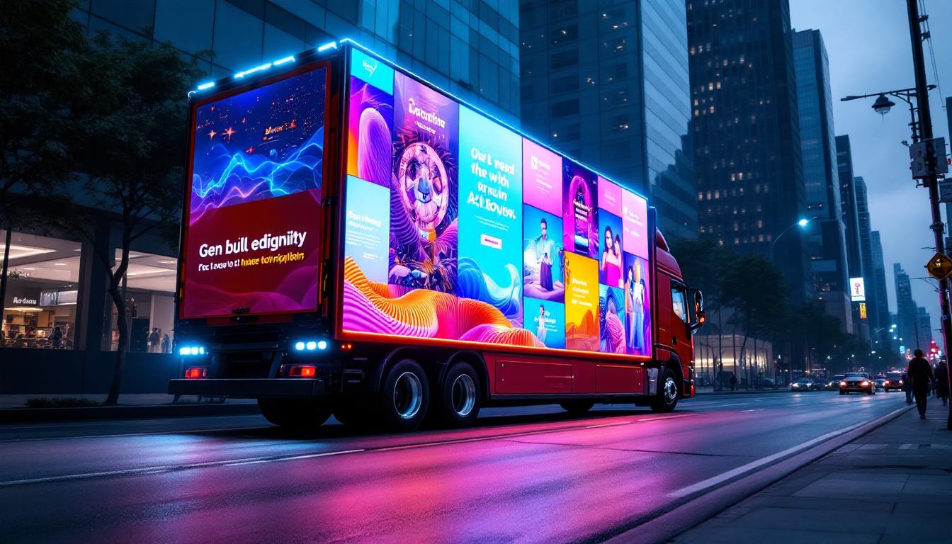 A photograph of a vibrant truck featuring an eye-catching led billboard display