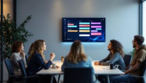 A photograph of a modern meeting room featuring a sleek led display mounted on the wall
