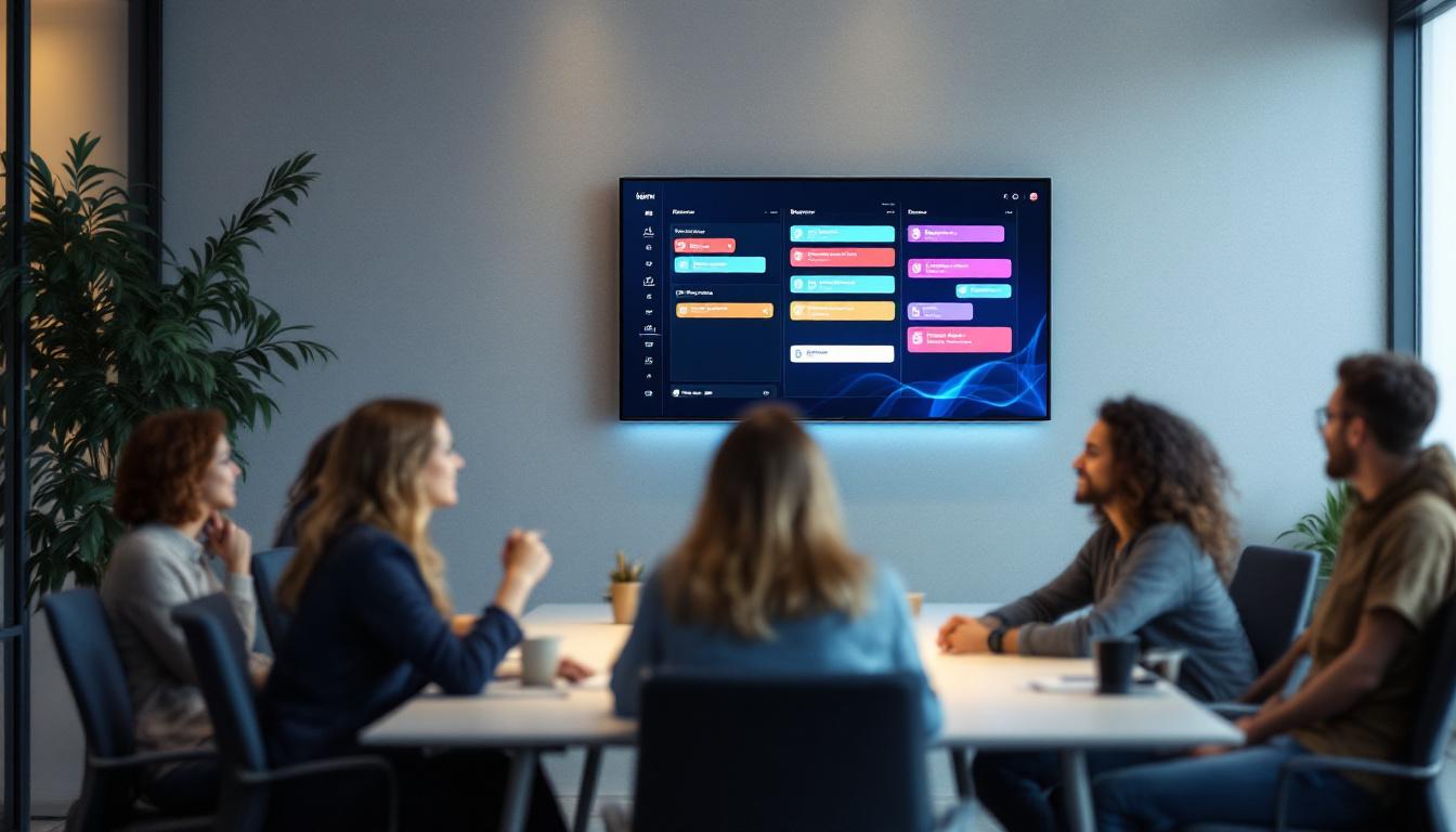 A photograph of a modern meeting room featuring a sleek led display mounted on the wall