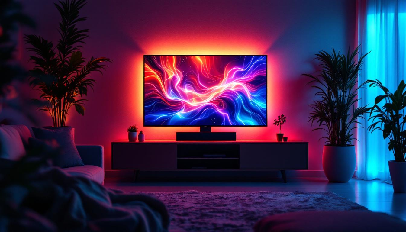 A photograph of a cozy living room setup featuring a television with vibrant led lights illuminating the space