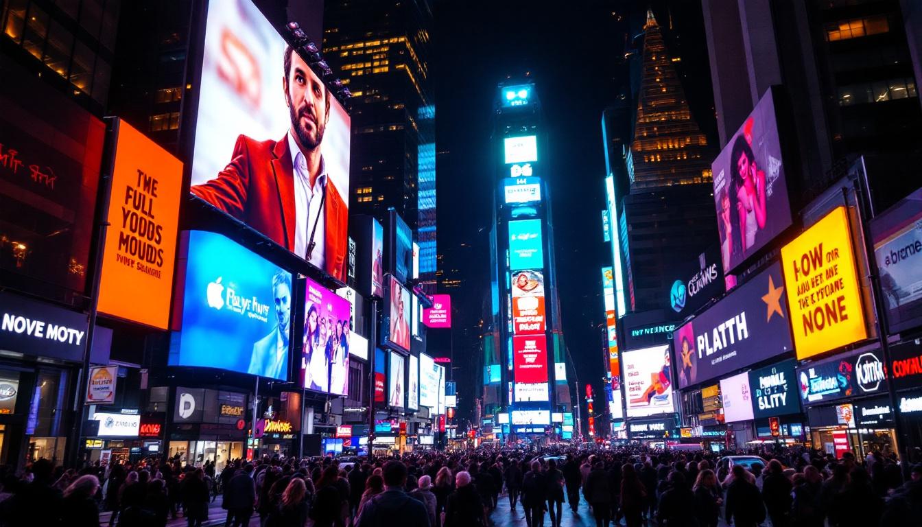 A photograph of capture a photograph of a vibrant times square scene at night