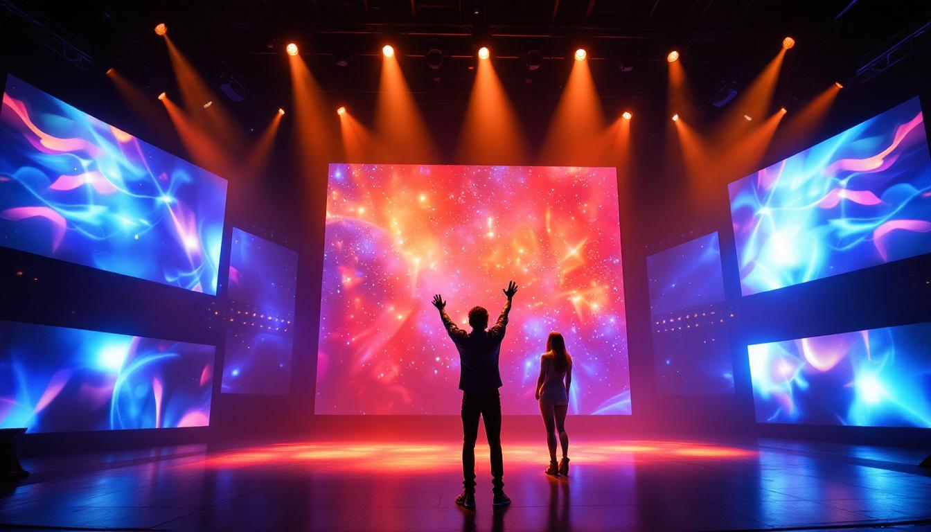 A photograph of a vibrant stage scene featuring a large led display as the digital backdrop
