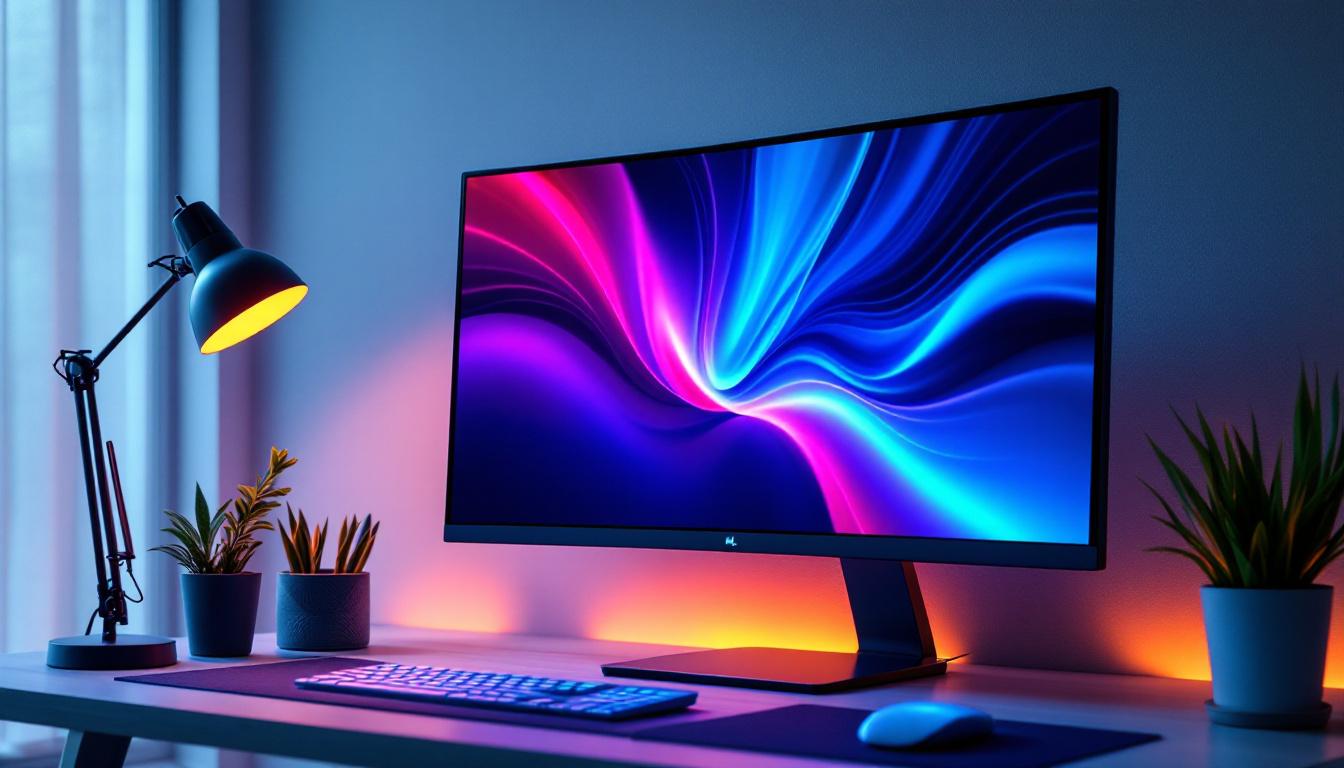 A photograph of a sleek computer monitor featuring a vibrant led display in a modern workspace setting