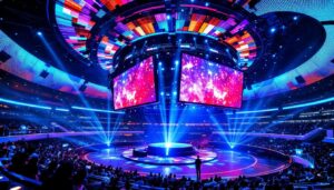 A photograph of capture a photograph of the interior of a modern msg sphere showcasing the vibrant led display in action