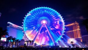 A photograph of capture a photograph of the vegas eye dome at night