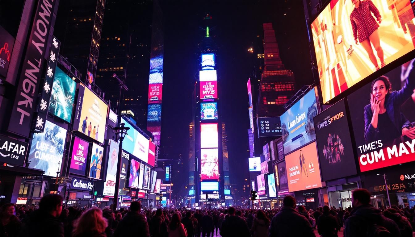 A photograph of a vibrant and bustling times square scene at night