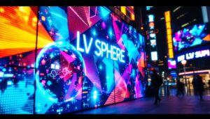 A photograph of a vibrant led display showcasing a visually striking graphic or text