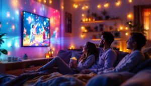 A photograph of a family enjoying a movie night at home
