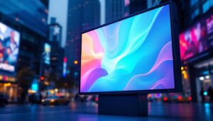 A photograph of a vibrant led display in a dynamic urban setting